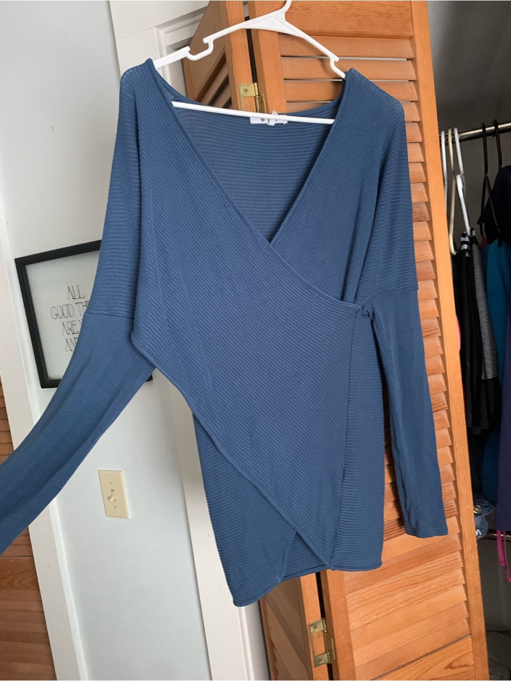 Three dots,Made in USA,Women's Slate Blue Wrap Ribbed Long-Sleeve Top fall sz Sm